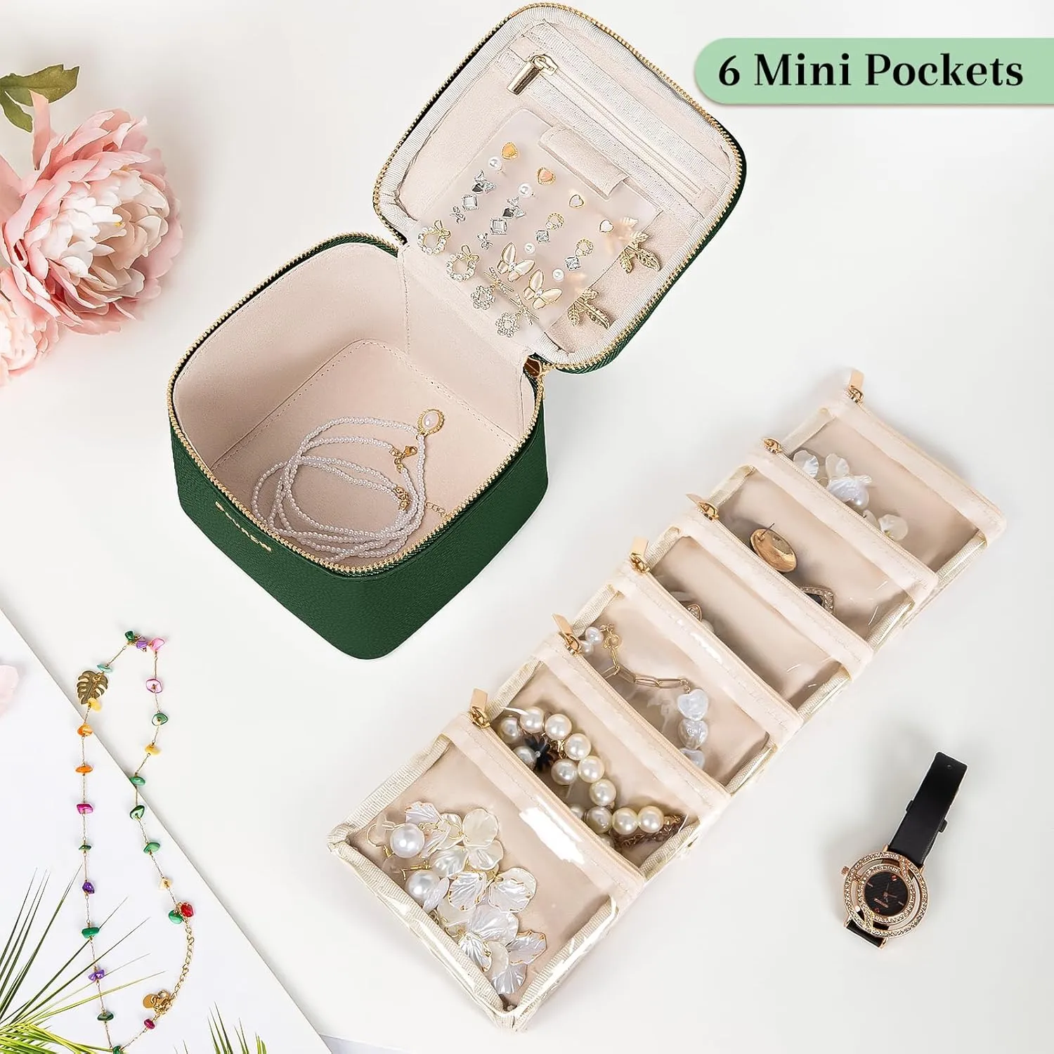 Travel Jewelry Box with 6 Pouches, Leather Jewelry Organizer Case for Women Girl for Necklace Earring Bracelet Ring, Jewelry Holder Organizer Box,Wedding Birthday Gift Idea