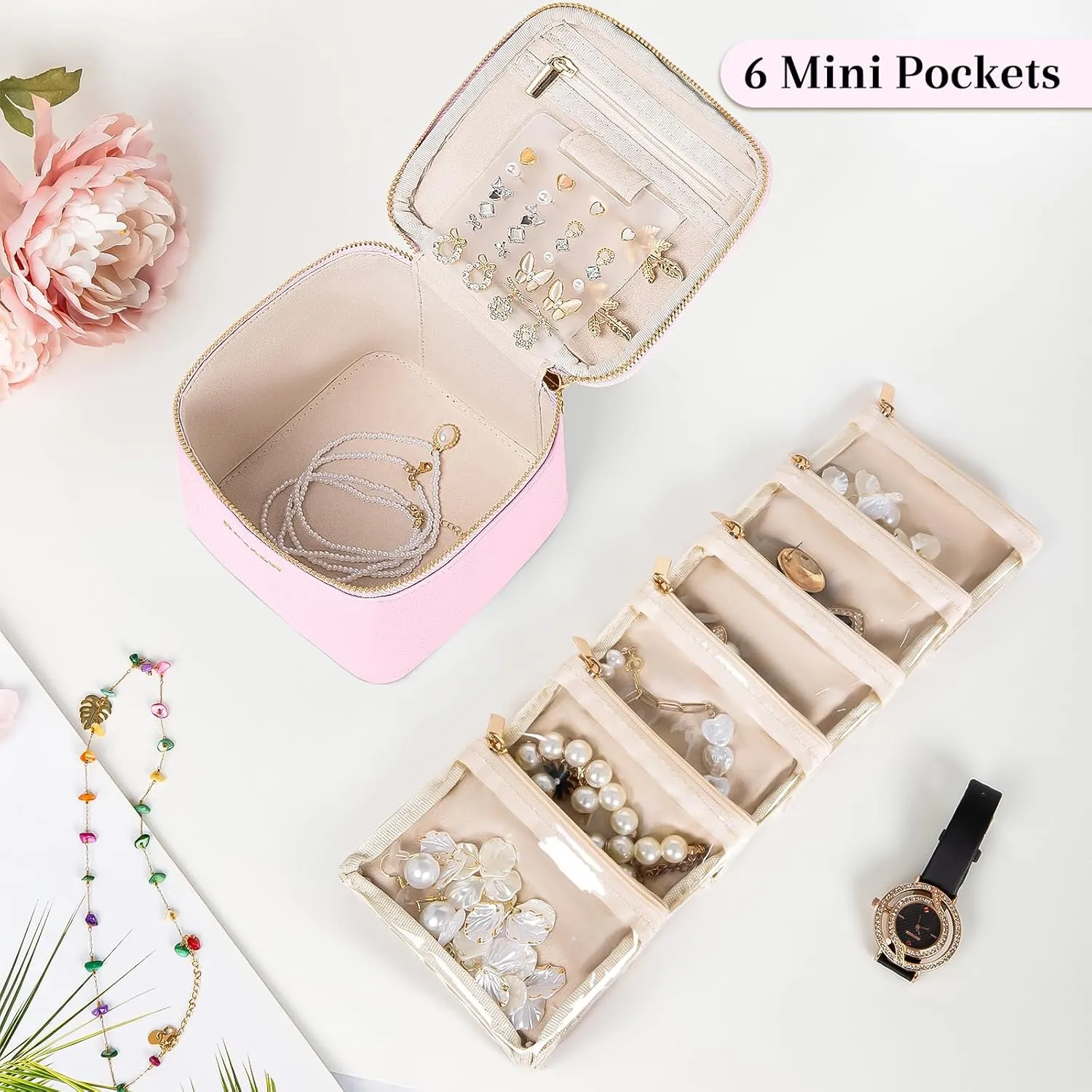 Travel Jewelry Box with 6 Pouches, Leather Jewelry Organizer Case for Women Girl for Necklace Earring Bracelet Ring, Jewelry Holder Organizer Box,Wedding Birthday Gift Idea