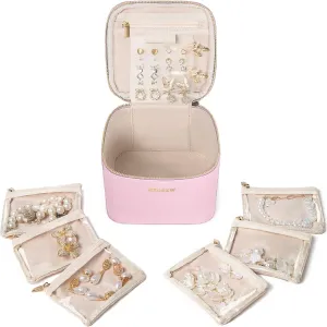 Travel Jewelry Box with 6 Pouches, Leather Jewelry Organizer Case for Women Girl for Necklace Earring Bracelet Ring, Jewelry Holder Organizer Box,Wedding Birthday Gift Idea