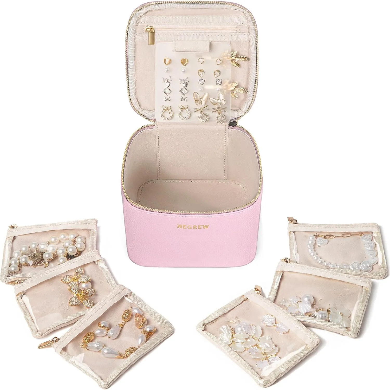 Travel Jewelry Box with 6 Pouches, Leather Jewelry Organizer Case for Women Girl for Necklace Earring Bracelet Ring, Jewelry Holder Organizer Box,Wedding Birthday Gift Idea