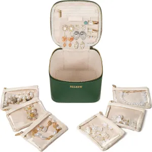 Travel Jewelry Box with 6 Pouches, Leather Jewelry Organizer Case for Women Girl for Necklace Earring Bracelet Ring, Jewelry Holder Organizer Box,Wedding Birthday Gift Idea