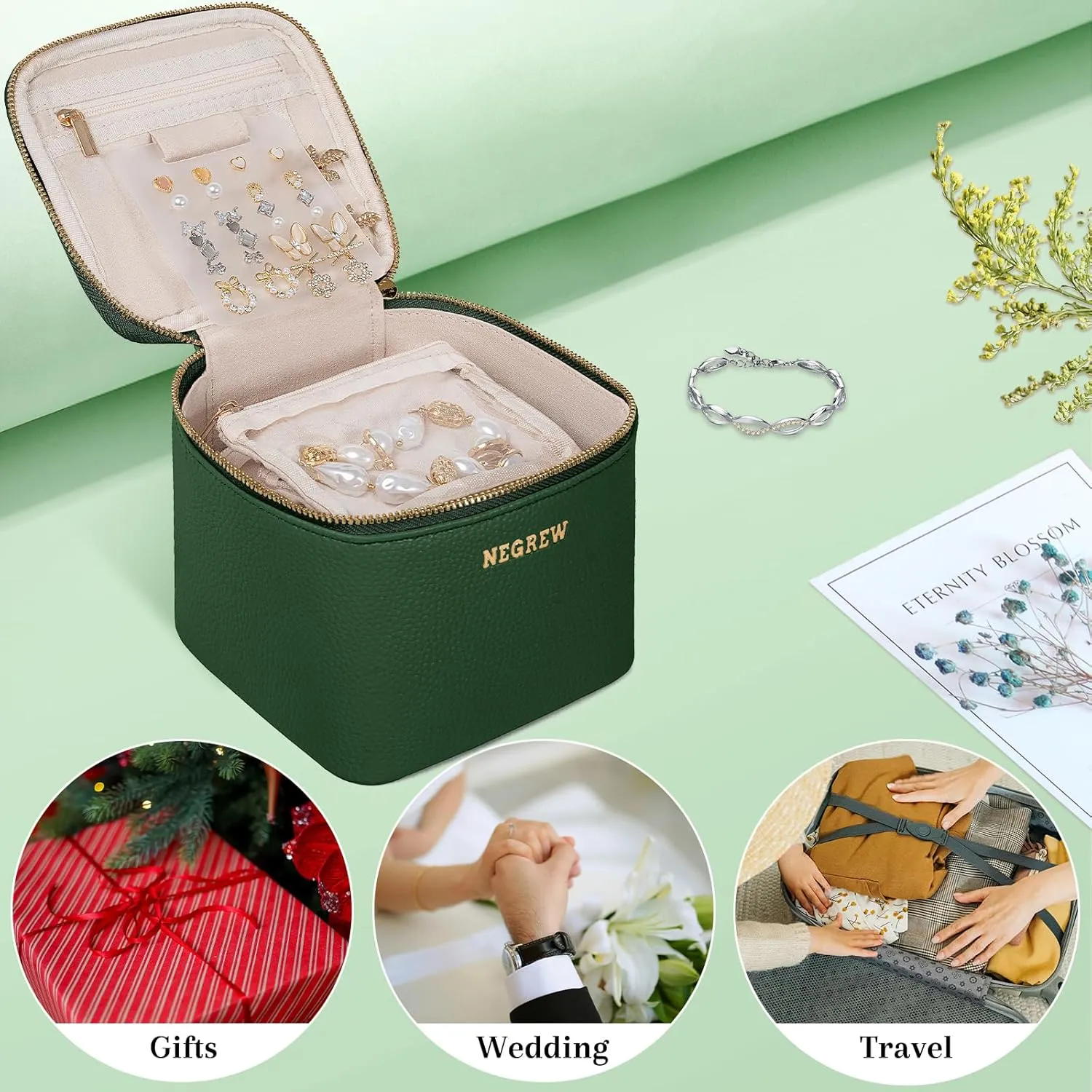 Travel Jewelry Box with 6 Pouches, Leather Jewelry Organizer Case for Women Girl for Necklace Earring Bracelet Ring, Jewelry Holder Organizer Box,Wedding Birthday Gift Idea