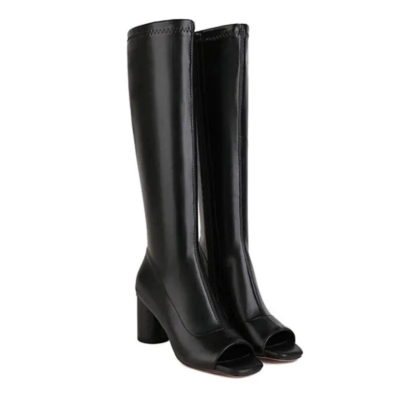 Trend4us Women's Open-Toe Round Heels Knee-High Boots