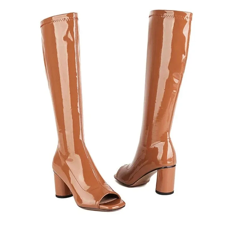 Trend4us Women's Open-Toe Round Heels Knee-High Boots