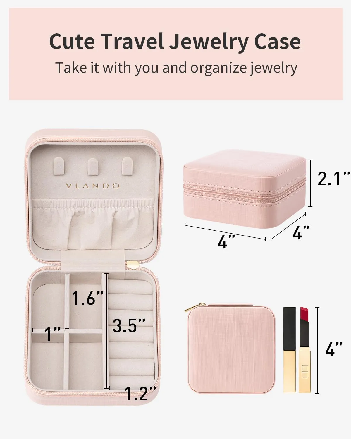 Vlando Travel Jewelry Case - Teacher Appreciation Gifts - Small Jewelry Travel Organizer Box Travel Essentials Christmas Gift for Women Girl - Pink