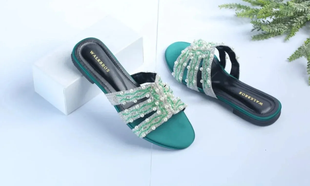 WALKBROS EMBROIDERED PEARLS FLATS - GREEN