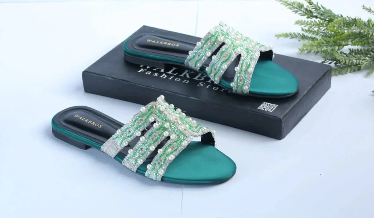 WALKBROS EMBROIDERED PEARLS FLATS - GREEN