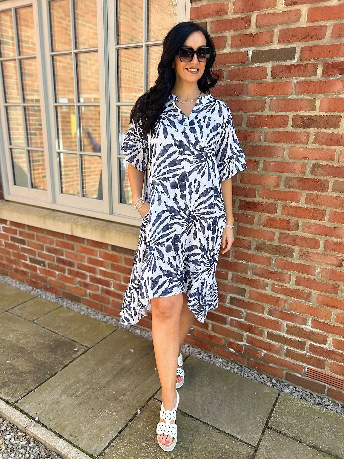 White Patterned Frill Sleeve Dress Tiffany