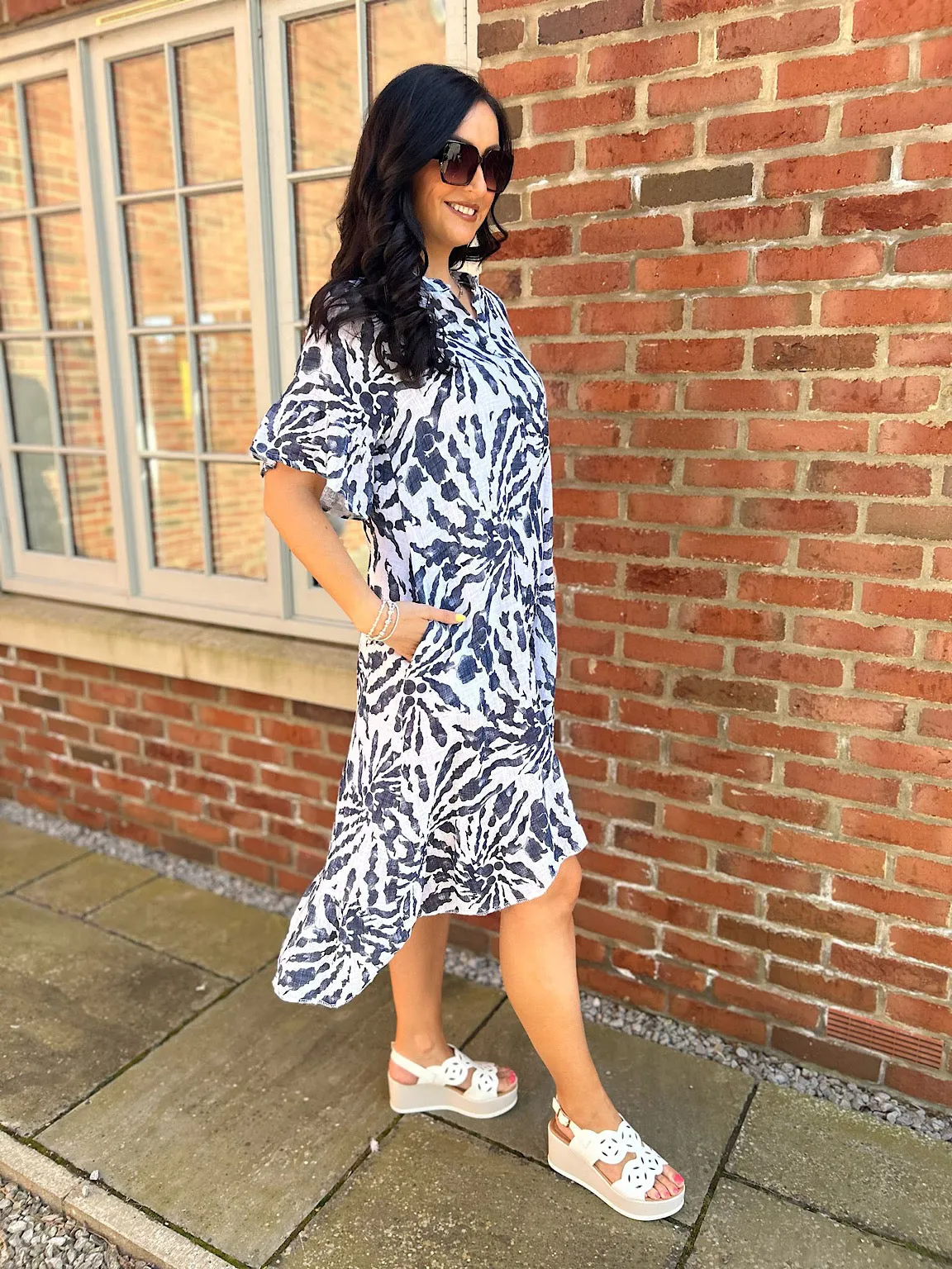 White Patterned Frill Sleeve Dress Tiffany