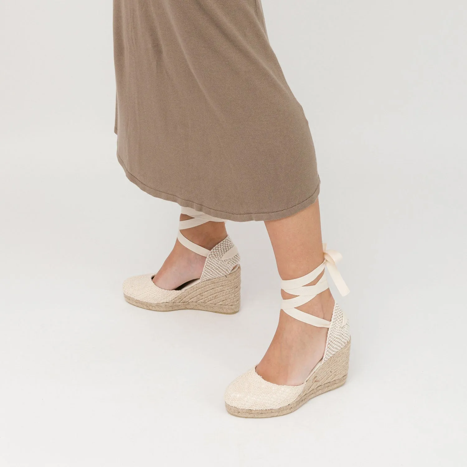 White Wedge Lace-Up Espadrilles with Lace Knitting