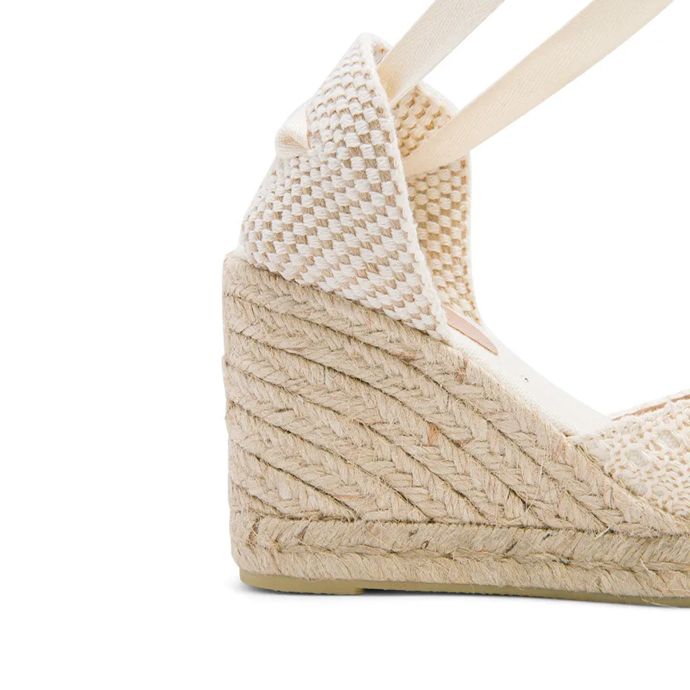 White Wedge Lace-Up Espadrilles with Lace Knitting