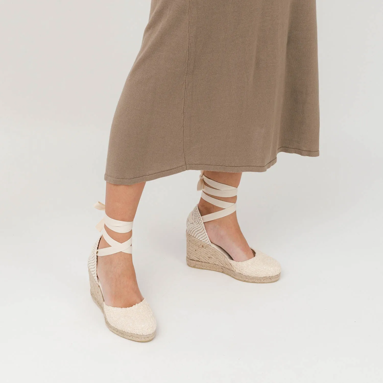 White Wedge Lace-Up Espadrilles with Lace Knitting
