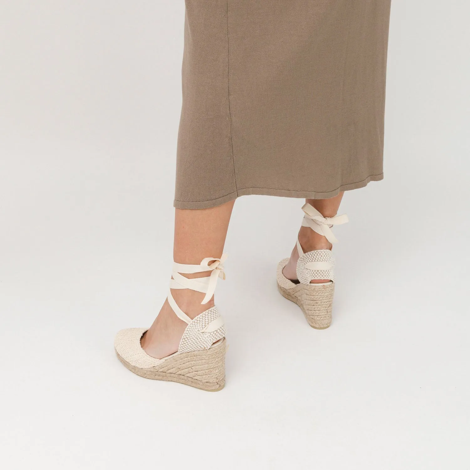 White Wedge Lace-Up Espadrilles with Lace Knitting