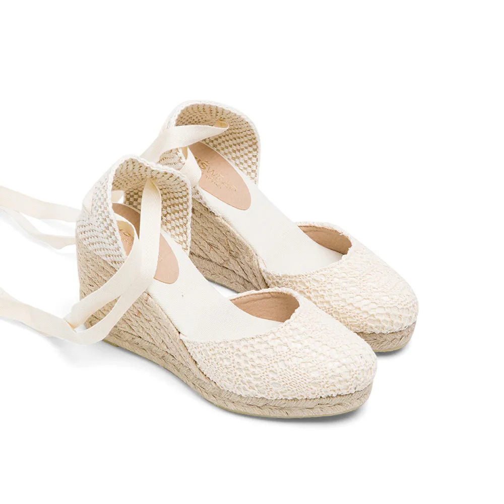 White Wedge Lace-Up Espadrilles with Lace Knitting