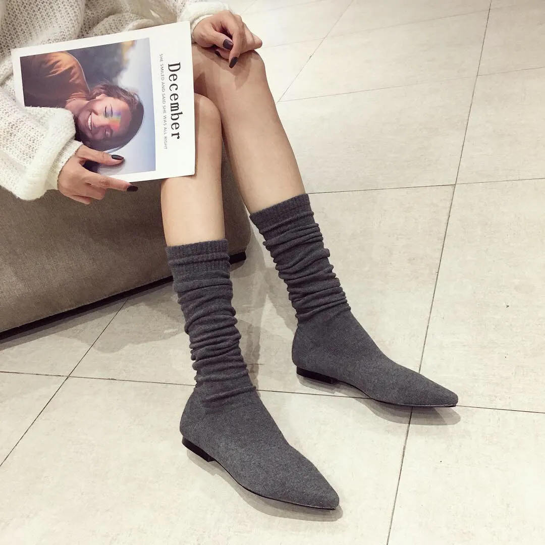 Winter Flat Bottomed Boots Knitted Wool Socks Pointed Elastic Fashion Boots