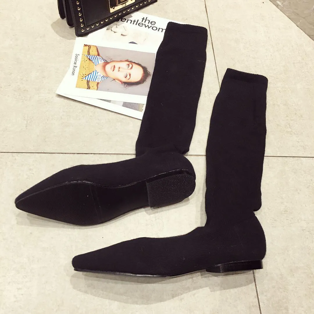 Winter Flat Bottomed Boots Knitted Wool Socks Pointed Elastic Fashion Boots
