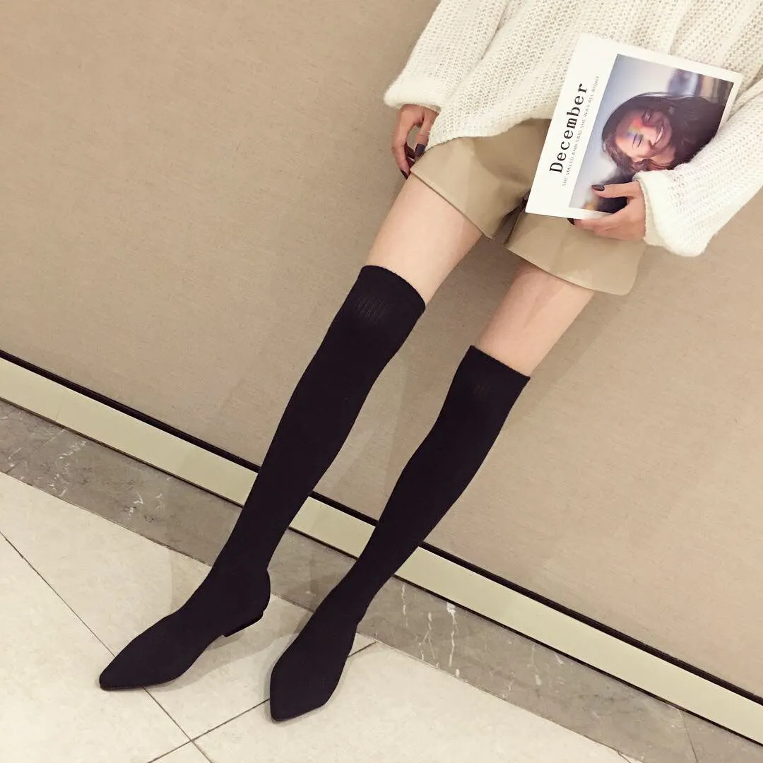 Winter Flat Bottomed Boots Knitted Wool Socks Pointed Elastic Fashion Boots