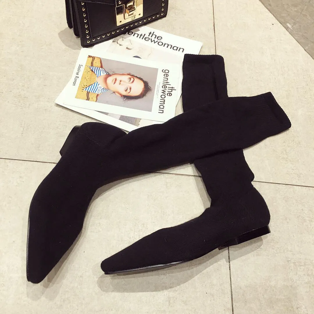 Winter Flat Bottomed Boots Knitted Wool Socks Pointed Elastic Fashion Boots