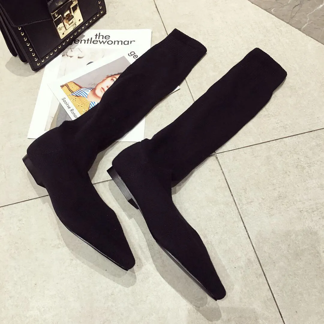 Winter Flat Bottomed Boots Knitted Wool Socks Pointed Elastic Fashion Boots