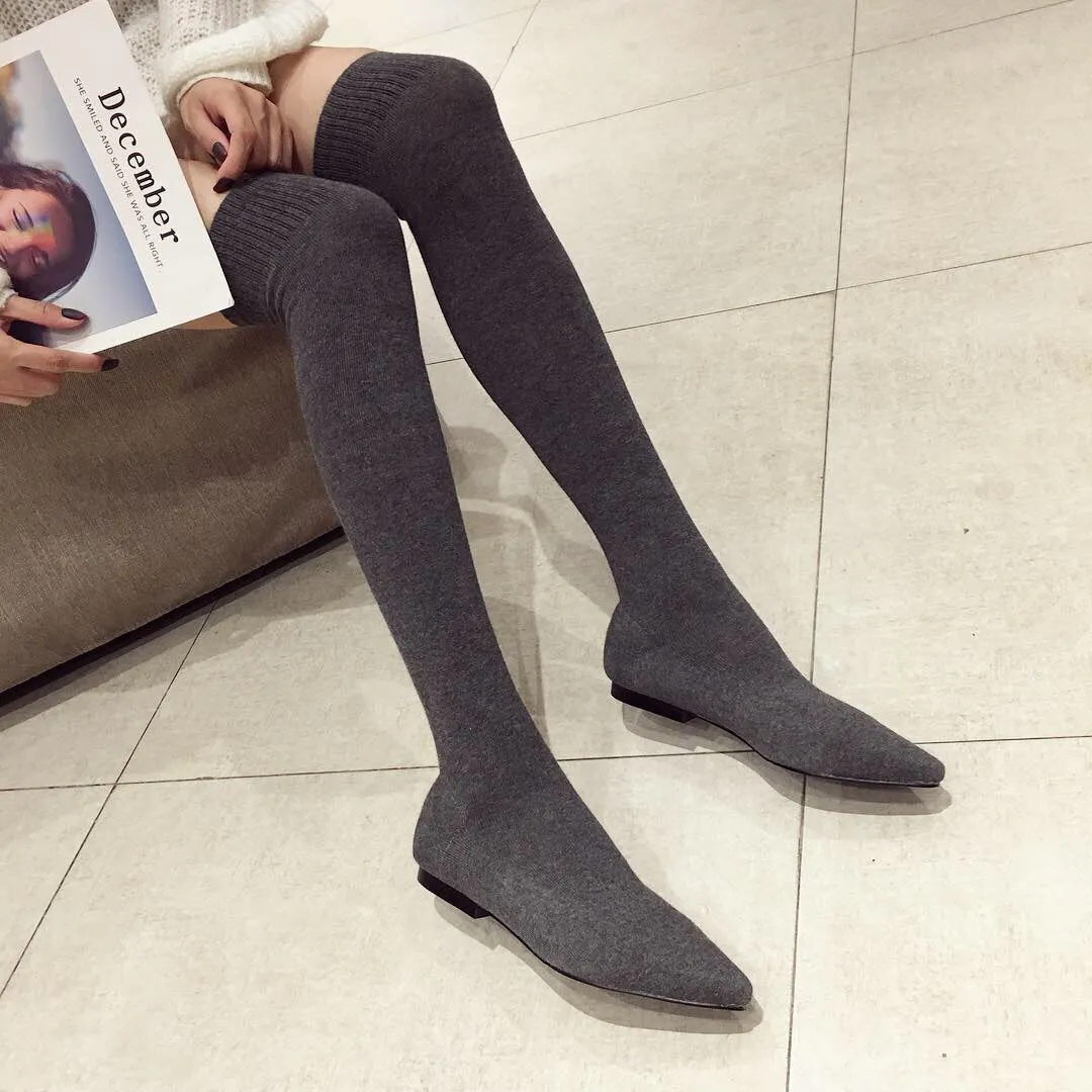 Winter Flat Bottomed Boots Knitted Wool Socks Pointed Elastic Fashion Boots