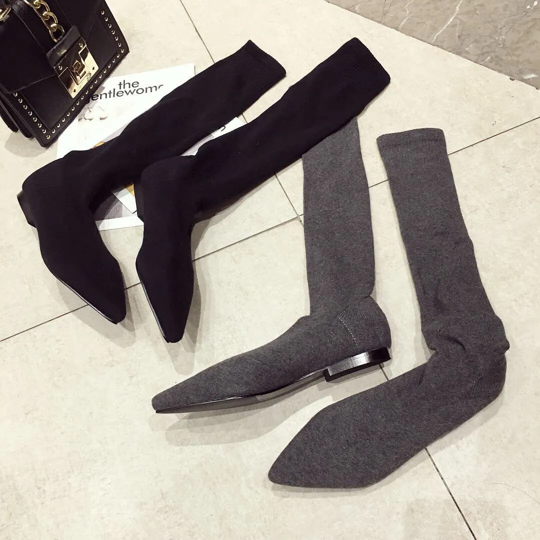 Winter Flat Bottomed Boots Knitted Wool Socks Pointed Elastic Fashion Boots