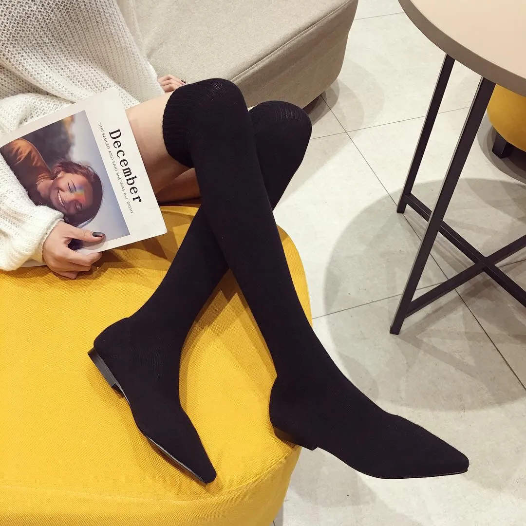 Winter Flat Bottomed Boots Knitted Wool Socks Pointed Elastic Fashion Boots