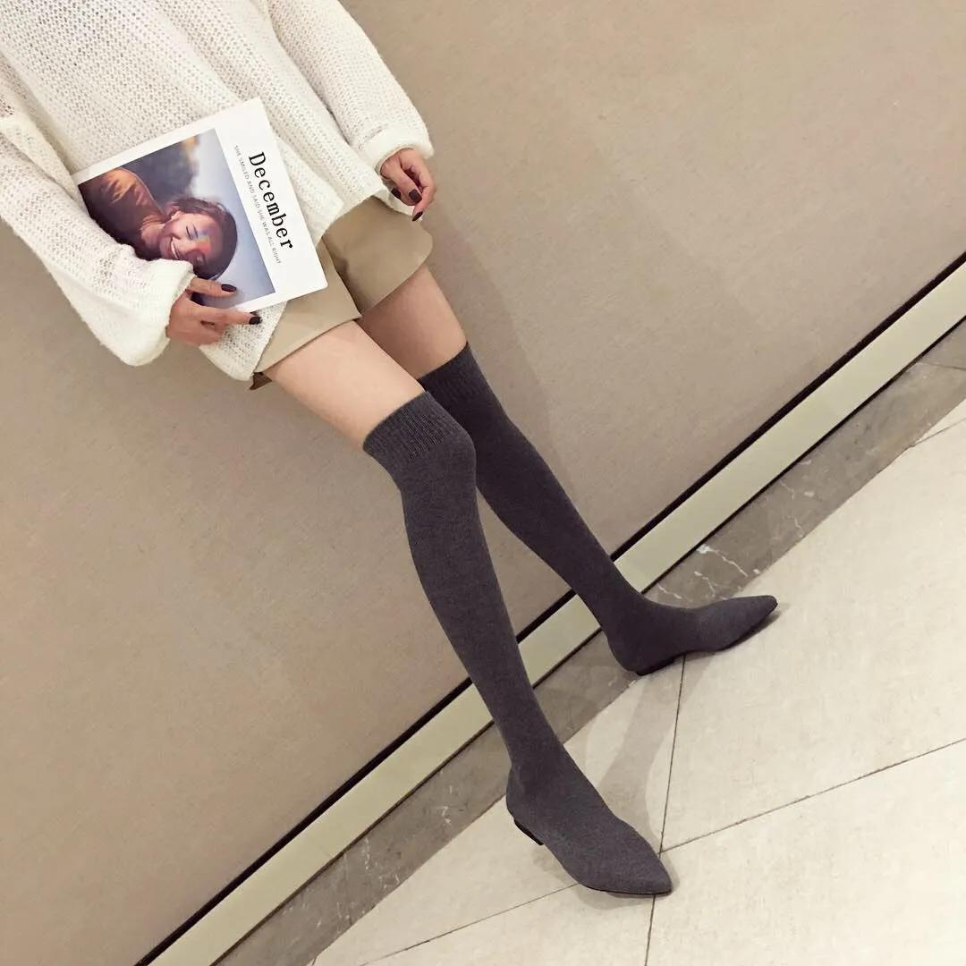 Winter Flat Bottomed Boots Knitted Wool Socks Pointed Elastic Fashion Boots