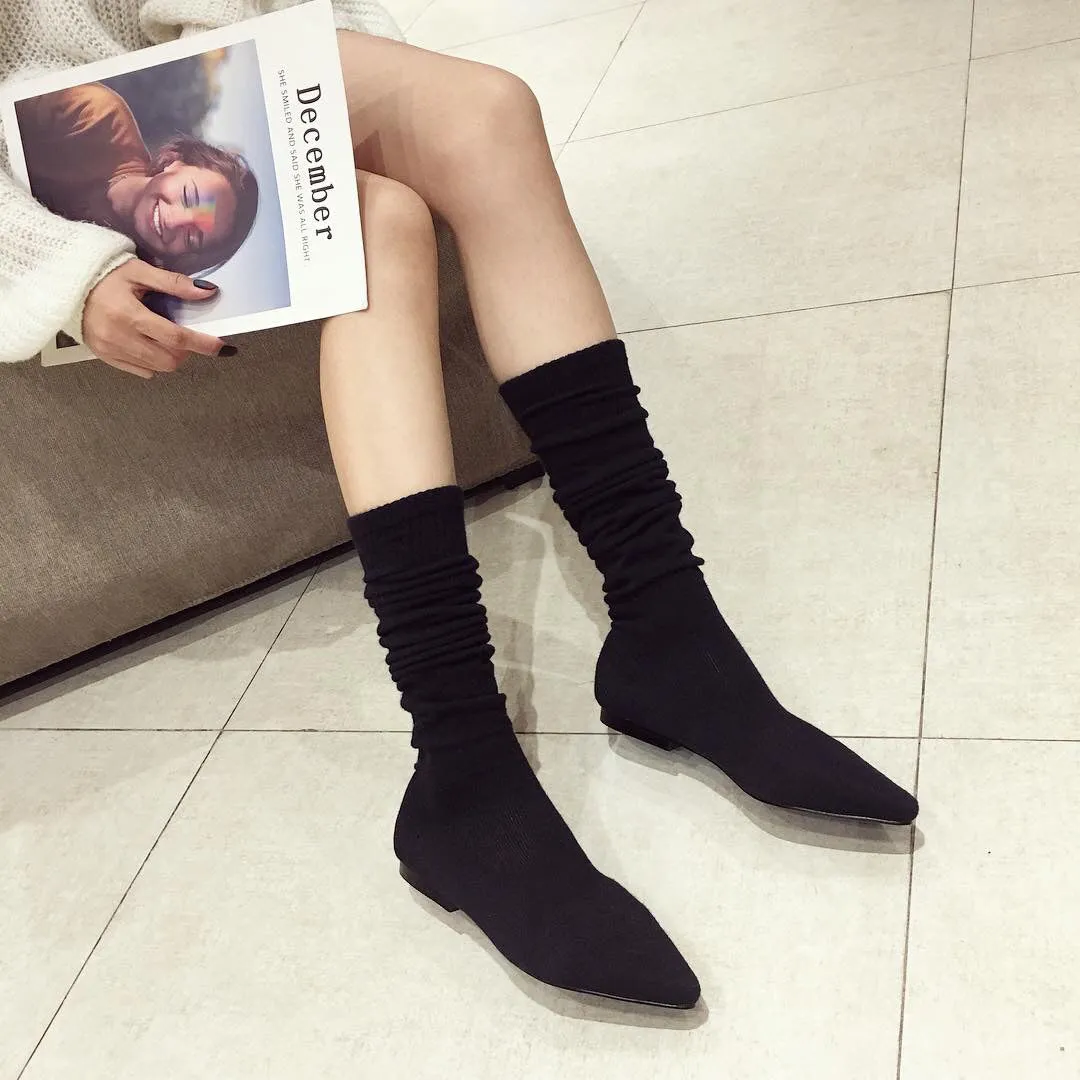 Winter Flat Bottomed Boots Knitted Wool Socks Pointed Elastic Fashion Boots