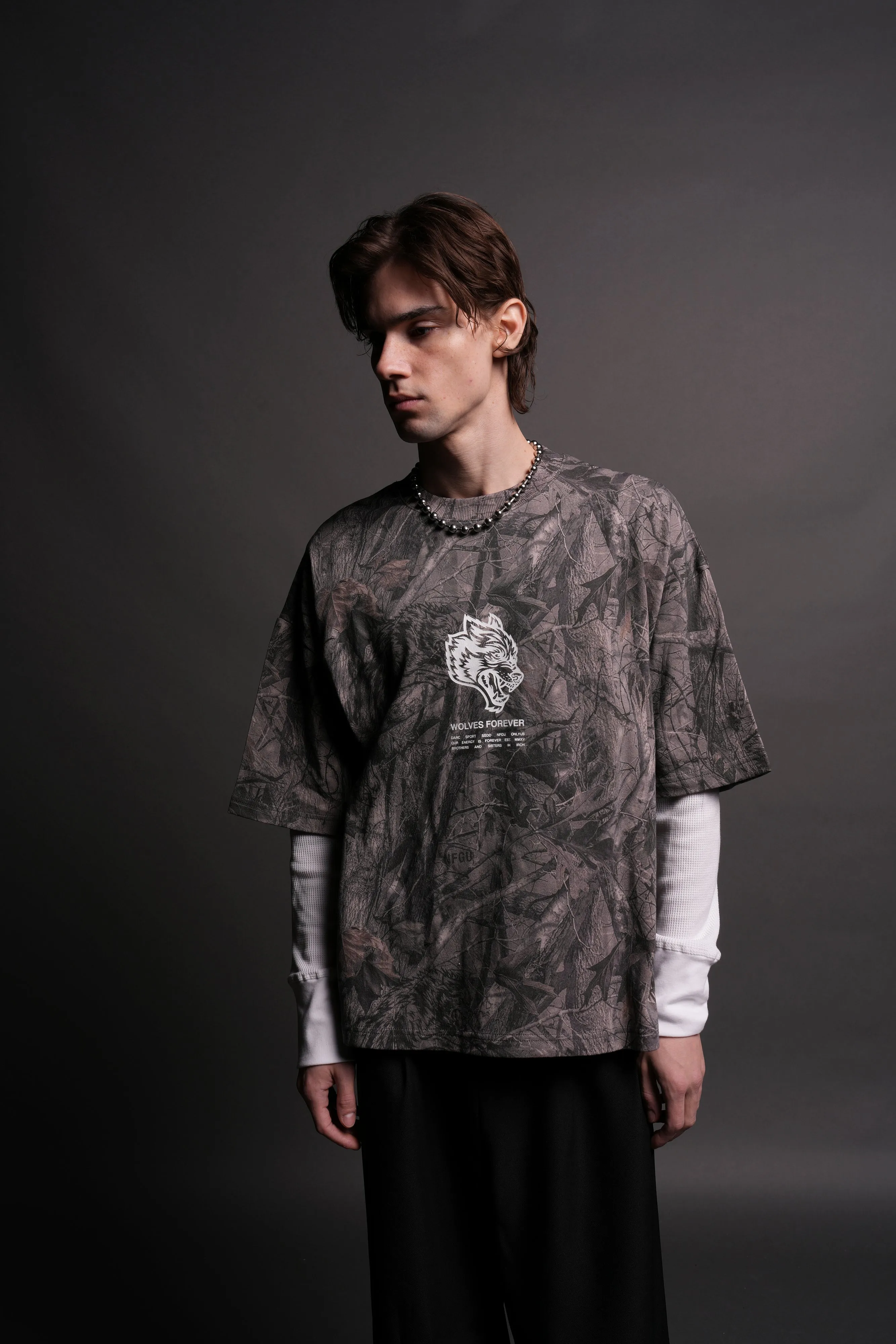 Wolves Have Your Back "Premium" Box Cut Tee in Driftwood Wolf Forest Camo