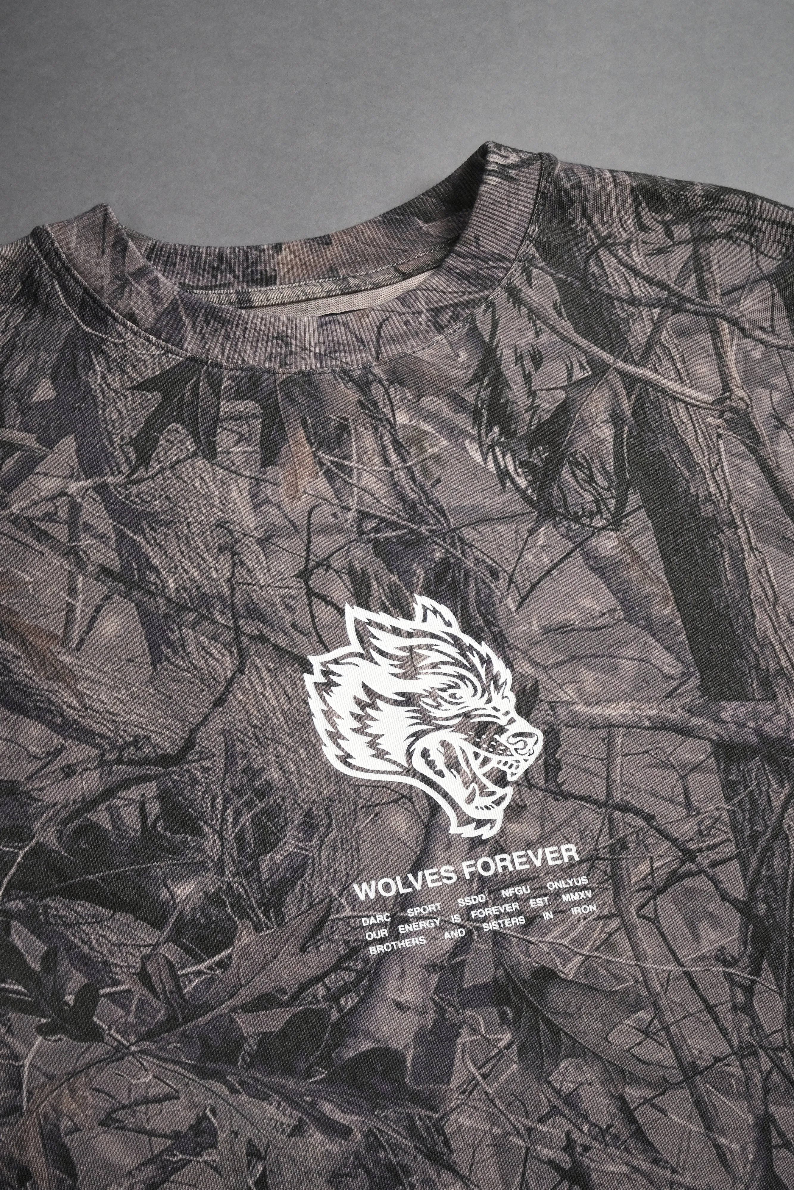 Wolves Have Your Back "Premium" Box Cut Tee in Driftwood Wolf Forest Camo
