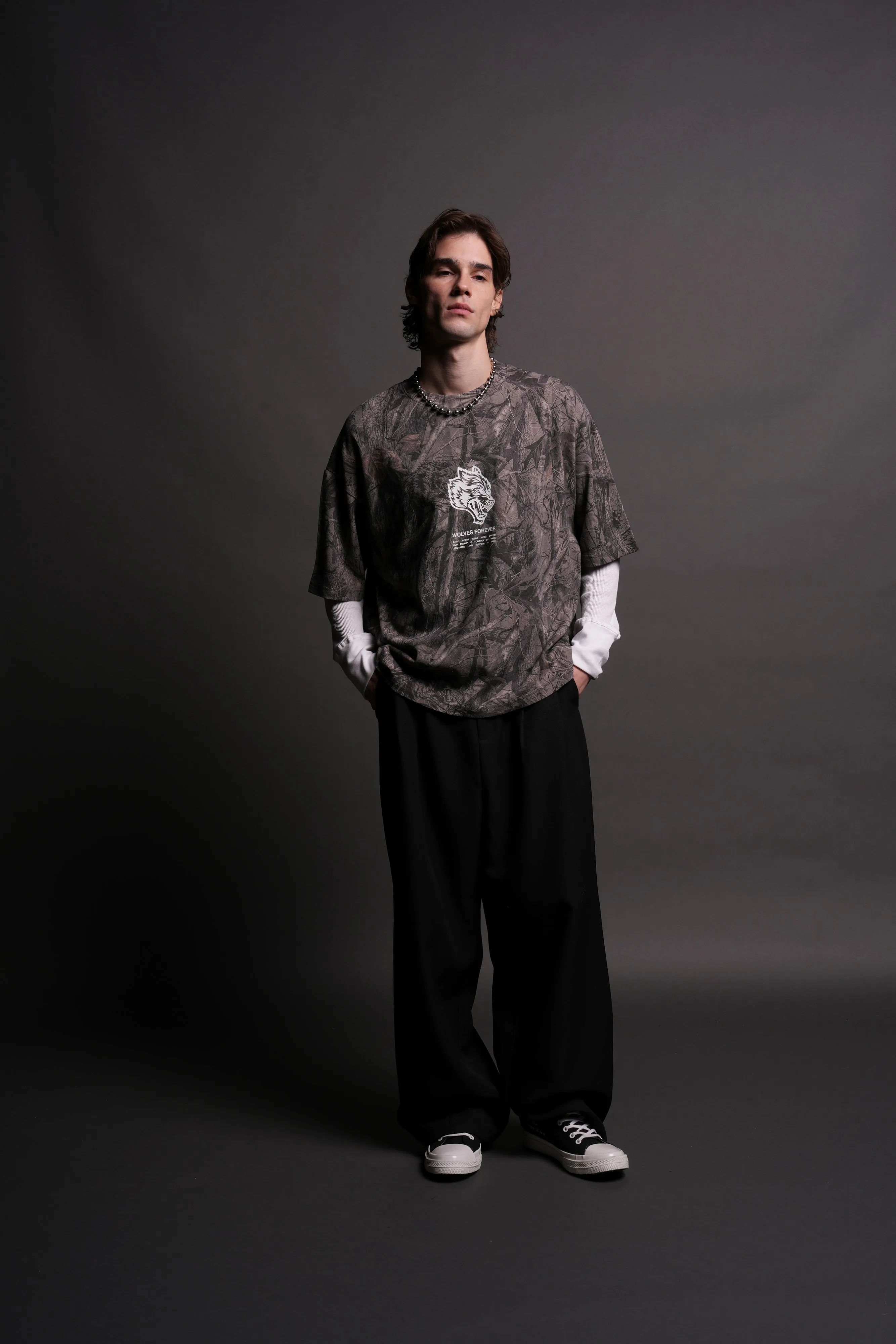 Wolves Have Your Back "Premium" Box Cut Tee in Driftwood Wolf Forest Camo