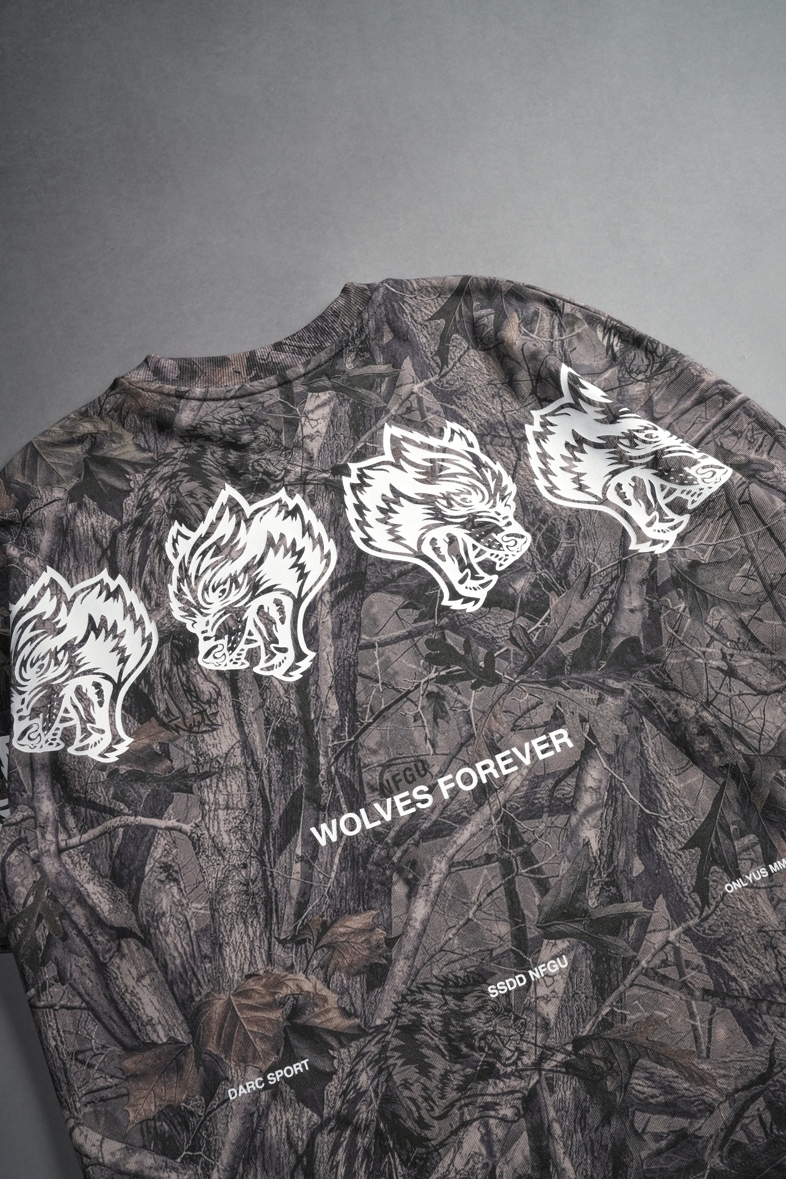 Wolves Have Your Back "Premium" Box Cut Tee in Driftwood Wolf Forest Camo