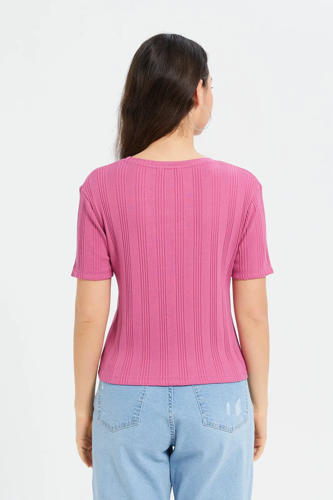 Women Fuchsia Ribbed Knitted T-Shirt