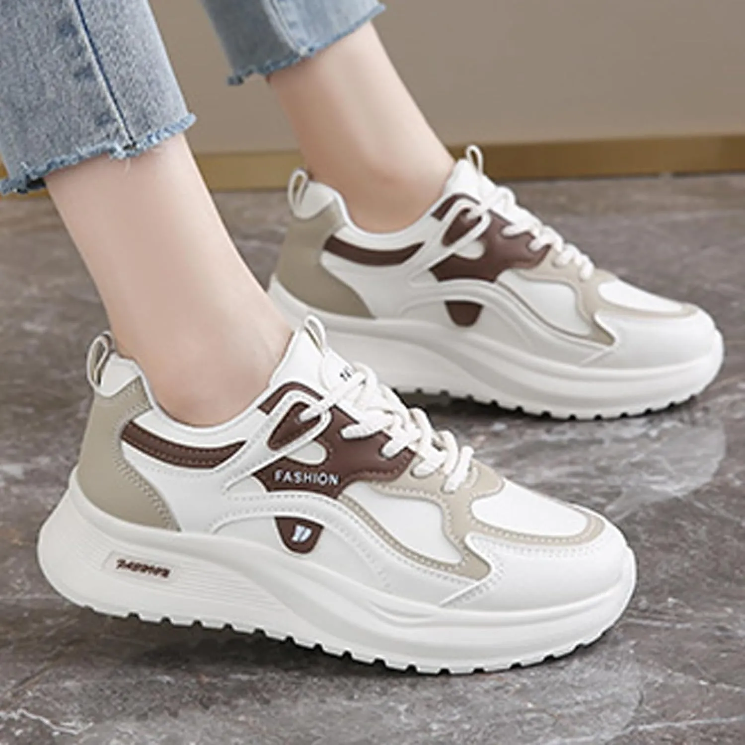 Womens Fashion Lace-Up Leather Platform Chunky Sneakers Round Toe Non-Slip Casual Sport Shoes for Walking Workout Driving