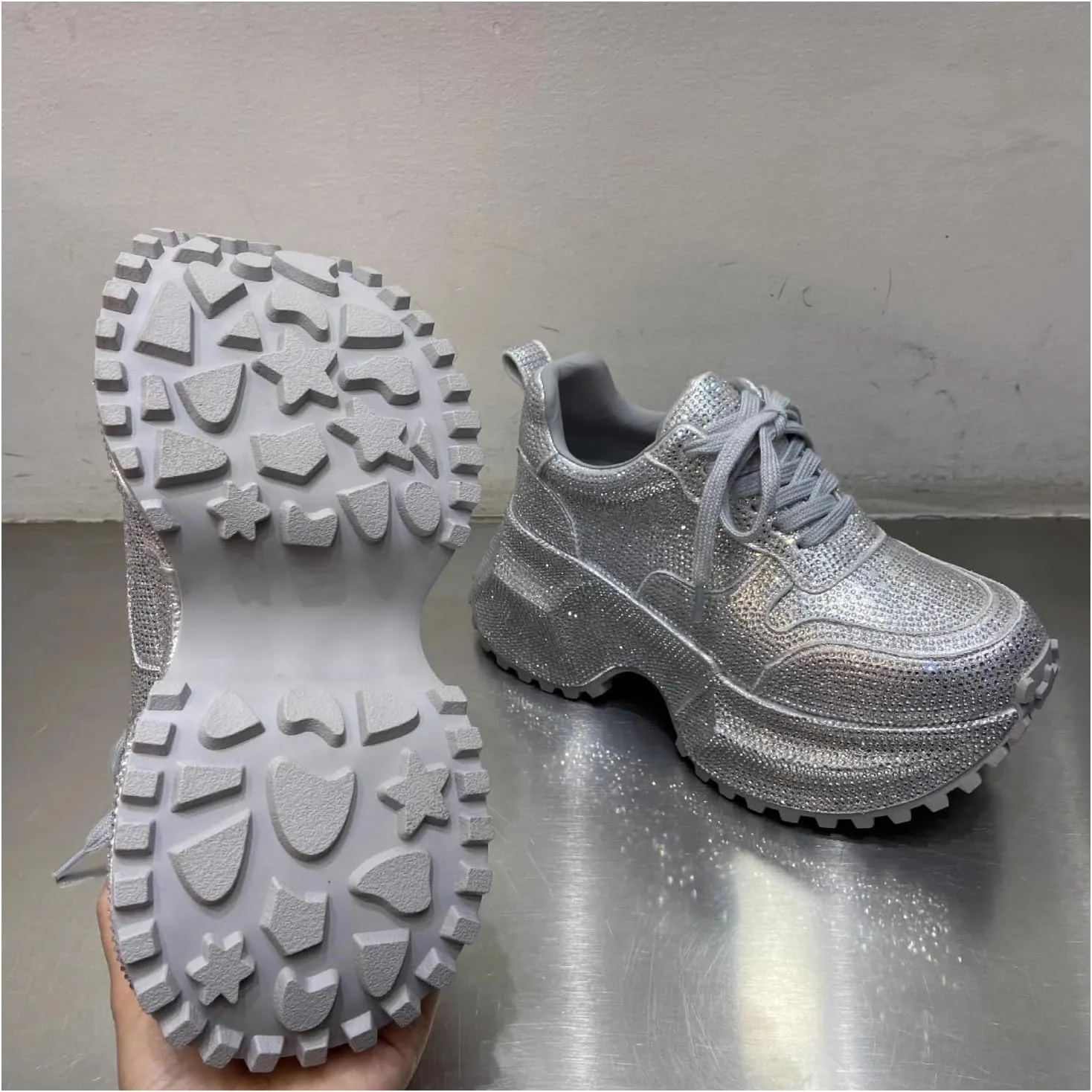 Women's High-Platform Rhinestone Chunky Sneakers Fashion Walking Sparkly Dad Shoes Casual Lightweight Sport Wedge Shoes