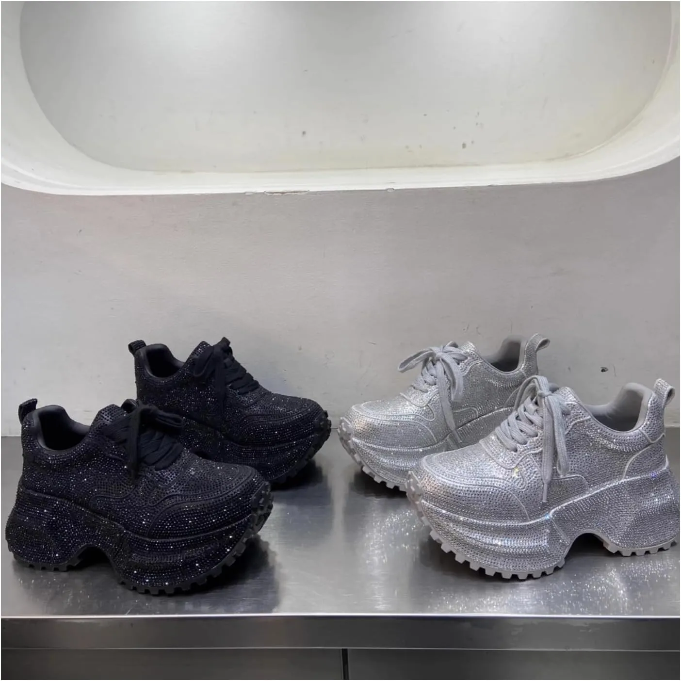 Women's High-Platform Rhinestone Chunky Sneakers Fashion Walking Sparkly Dad Shoes Casual Lightweight Sport Wedge Shoes