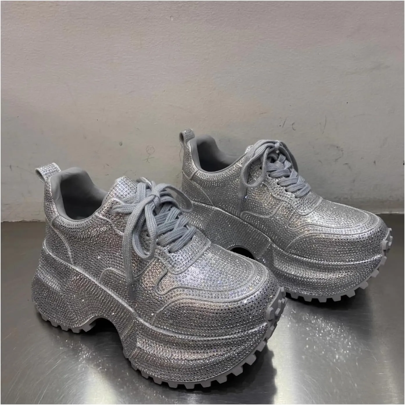 Women's High-Platform Rhinestone Chunky Sneakers Fashion Walking Sparkly Dad Shoes Casual Lightweight Sport Wedge Shoes
