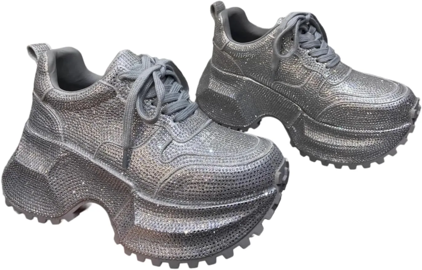 Women's High-Platform Rhinestone Chunky Sneakers Fashion Walking Sparkly Dad Shoes Casual Lightweight Sport Wedge Shoes