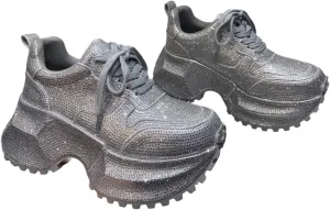 Women's High-Platform Rhinestone Chunky Sneakers Fashion Walking Sparkly Dad Shoes Casual Lightweight Sport Wedge Shoes