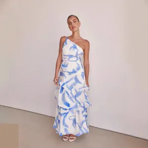 Womens Maxi Dress  One-Shoulder Ruched Top  Tiered A-Line Skirt  Abstract Print