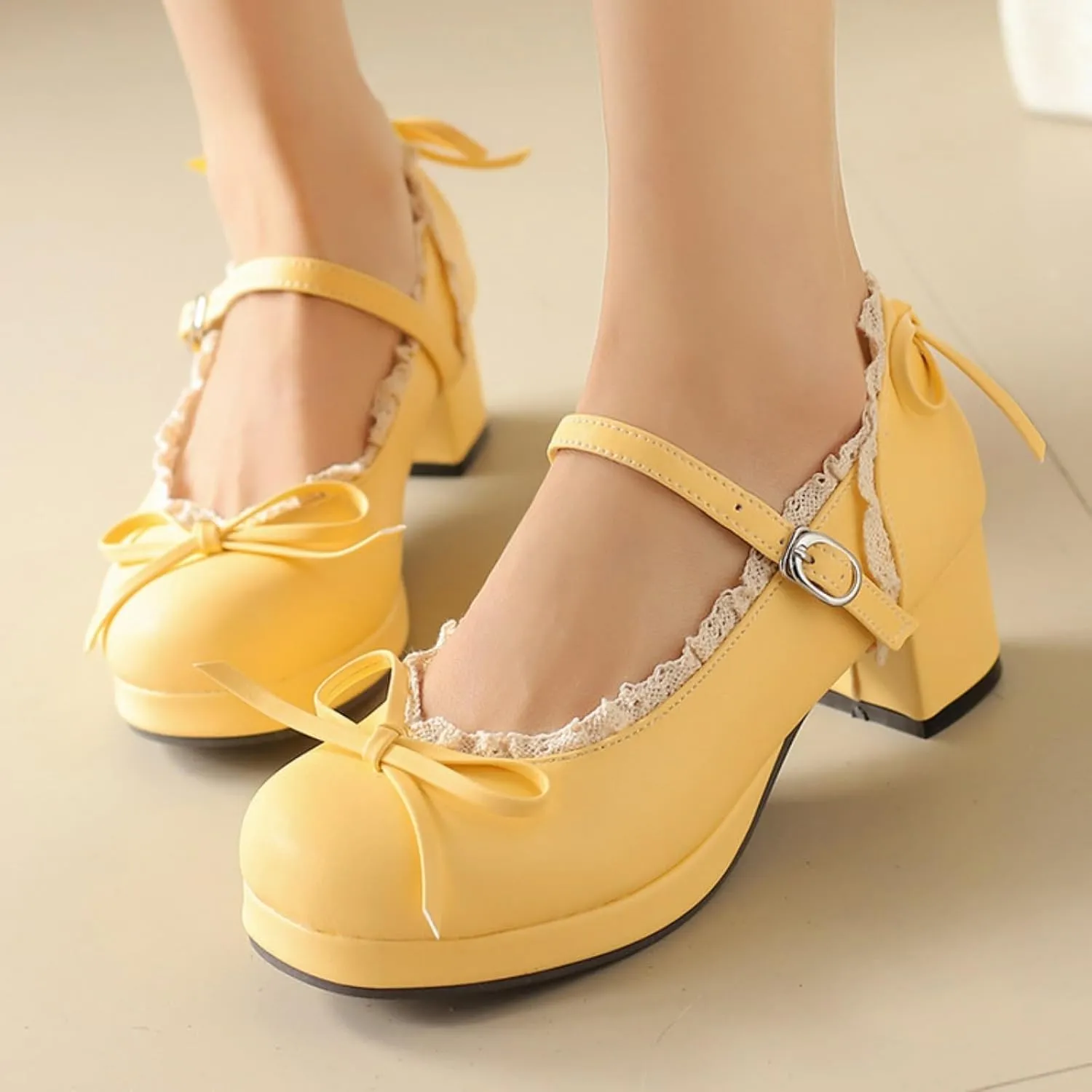Women's Sweet Cute Bow Platform Lolita Mary Jane Pumps Round Toe Low Block Chunky Heels Ankle Strap Buckle Prom Party Princess Dress Shoes