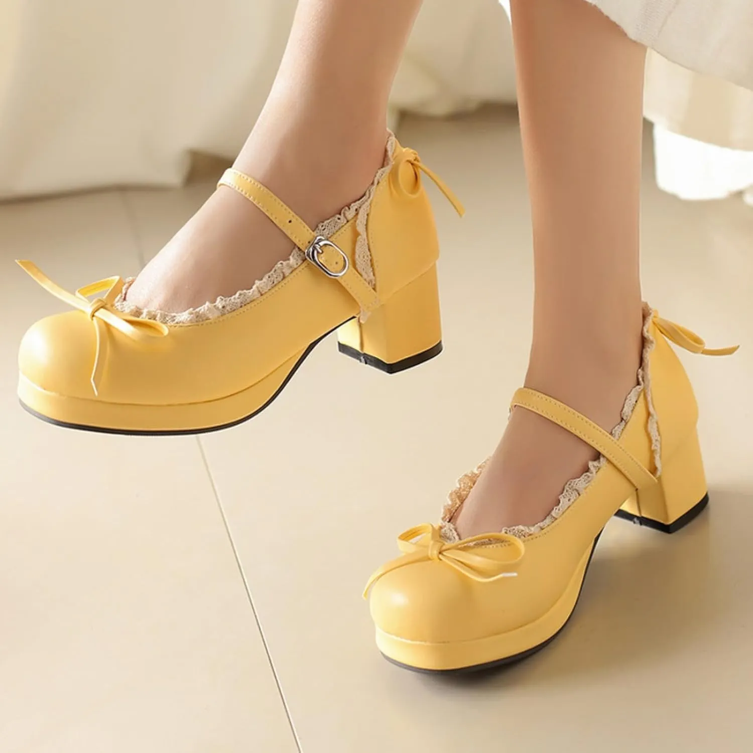 Women's Sweet Cute Bow Platform Lolita Mary Jane Pumps Round Toe Low Block Chunky Heels Ankle Strap Buckle Prom Party Princess Dress Shoes